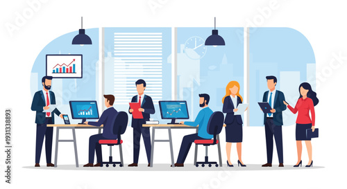 Corporate Business Team Working in Modern Office. Data Analysis, Financial Growth Report, and Workflow Management Vector Illustration.