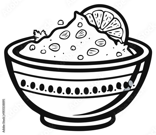 Bowl of dip with garnish and lemon wedge illustration.