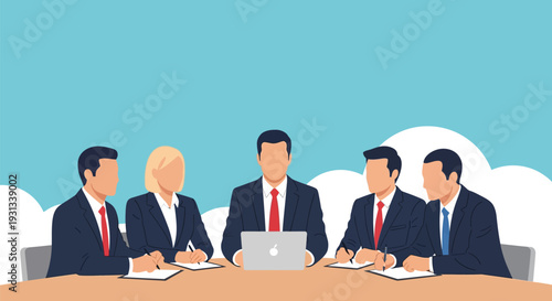 Diverse Business Team Meeting. Vector Illustration of Corporate Executives Collaborating, Strategy Discussion and Planning Session.