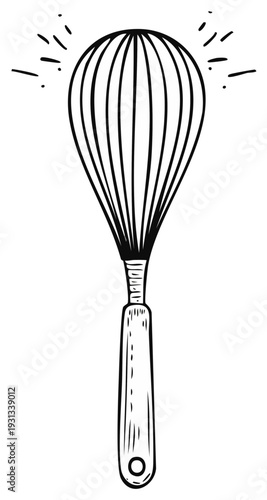 Illustrated whisk with wooden handle, lines radiating upwards, kitchen utensils.