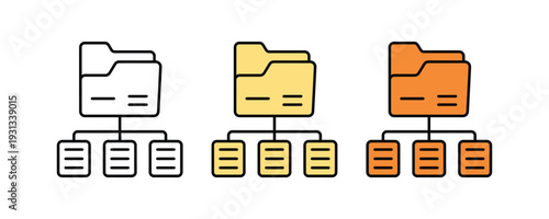 Data folder hierarchy and file organization icon set. Directory with document structure symbol for storage management, database architecture, and digital filing design. Vector Illustration.