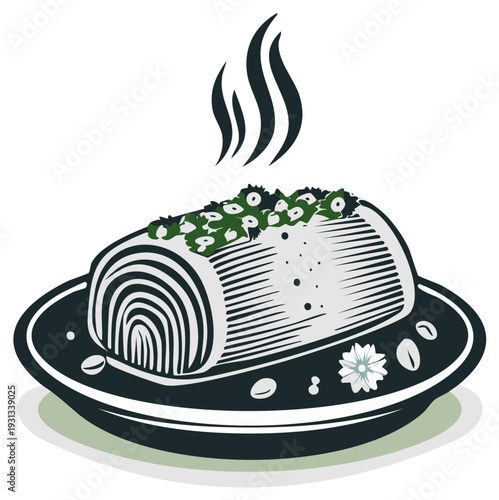 Cartoon roll cake with steam illustration on plate