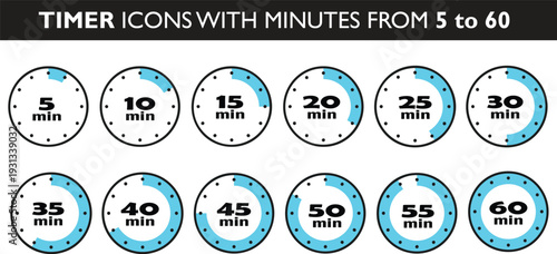 Blue and white timer icons set vector graphics for time management and productivity - 5 to 60 minutes clock timers