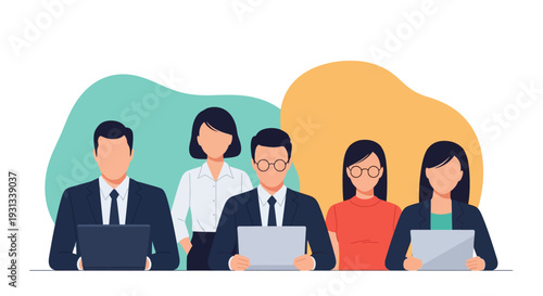 Diverse Business Team Collaboration: Professional Group Meeting Working on Laptops. Modern Corporate Teamwork Flat Vector Illustration.