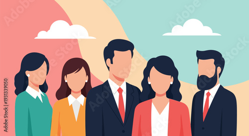 Professional Team Portrait Illustration. Diverse Business Group in Flat Design Style. Corporate Staff and Leadership Concept.
