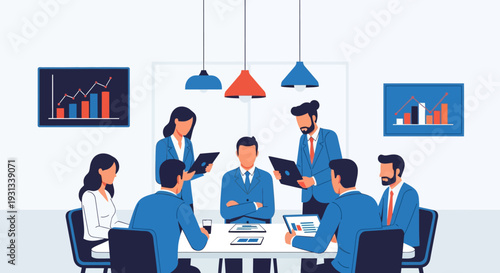 Professional Business Team Meeting Analyzing Strategy and Financial Data. Flat Design Vector Illustration.
