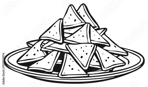 Pile of Corn Tortilla Chips on a Plate Black and White Line Art Illustration