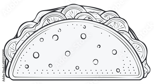 Cartoon Taco Outline Illustration With Lettuce and Filling On White Background