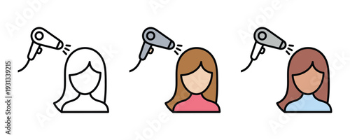 Hair dryer and woman hairstyle icon set. Beauty salon equipment and hair care symbol for styling, drying, and fashion design. Vector Illustration.