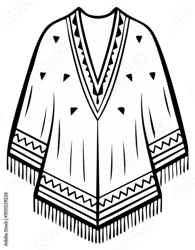 Traditional Native American inspired poncho with geometric patterns and fringe, outlined illustration