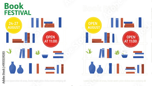 Book Festival and Book Fair Poster Vector Design with Bookshelf Background, Date Badge and Open Time Event Announcement