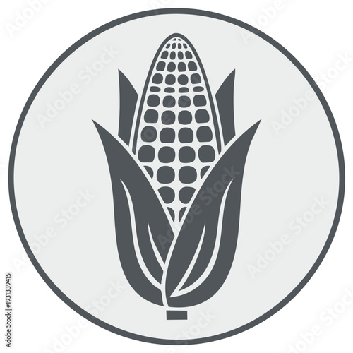 Stylized Icon of Ripe Corn Cob with Green Leaves Inside a Circle