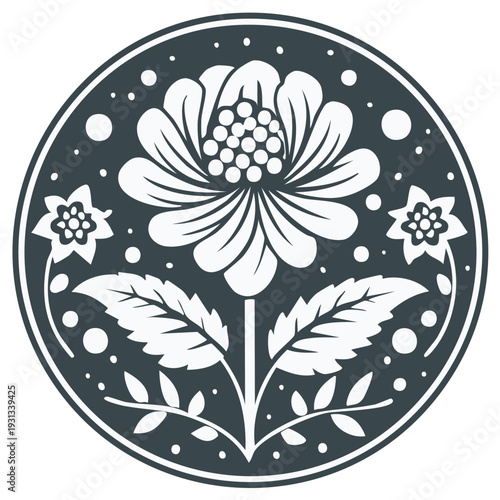 Floral emblem design with stylized flower and decorative elements, vector illustration