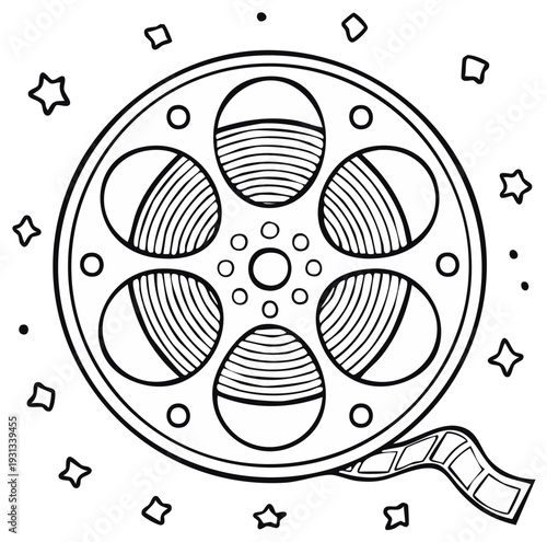 Film reel vector illustration for coloring books or educational material Cinema art movie tape spool circles stars hand drawing