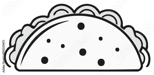 Black and white illustration of a taco with fillings, cartoon graphic art.