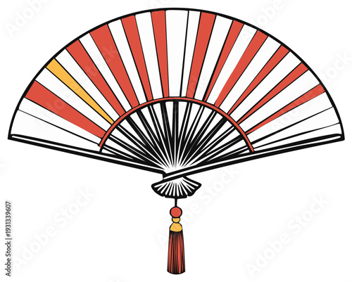 Elegant Japanese Folding Fan with Red White Stripes and Tassel