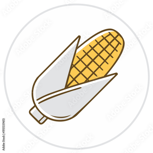 Stylized illustration of an ear of corn with husk peeled back revealing golden kernels