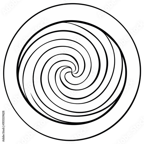 Abstract black and white spiral vortex design within a circle outline