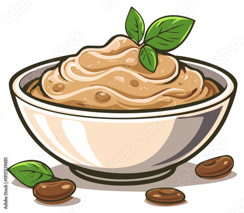 Cartoon illustration of a creamy spread in a bowl with basil leaves