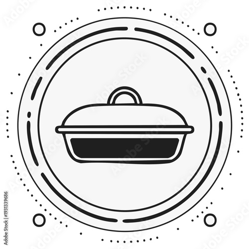 Simple Outline Drawing of a Covered Serving Dish in a Circular Frame