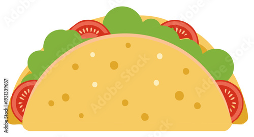 Flat design vector illustration of a Mexican taco with lettuce and tomatoes