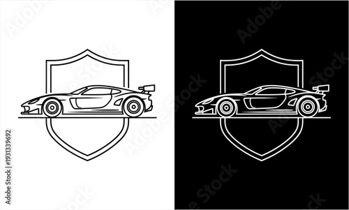 Sleek Sports Car with Shield Emblem Design.