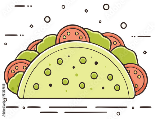 Stylized flat illustration of a delicious taco filled with fresh ingredients, Mexican cuisine concept