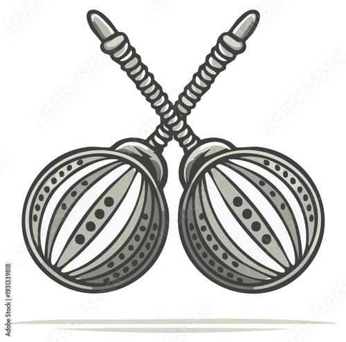 Cartoon Illustration of Crossed Poi Balls with Ornate Design and Braided Handles