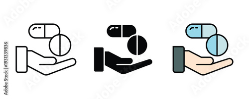 Hand holding medicine pills and capsules icon set. Healthcare pharmacy symbol for medical prescription, dosage, and patient care design. Vector Illustration.