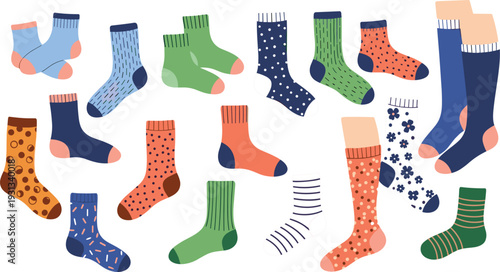 Colorful Cute Socks Collection Vector Illustration with Different Patterns, Stripes and Dots Cozy Winter Fashion Set