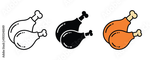 Fried chicken drumstick icon set. Crispy poultry leg symbol for fast food menu, restaurant branding, and roasted snack design. Vector Illustration.