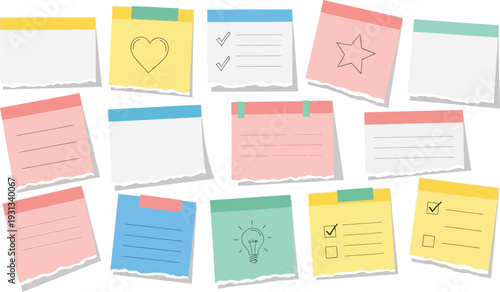 Collection of colorful sticky notes with various icons and text