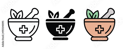 Mortar and pestle pharmacy icon set. Herbal medicine preparation bowl with medical cross and leaves symbol for natural healthcare, traditional apothecary, and Ayurvedic treatment design. Vector Illust