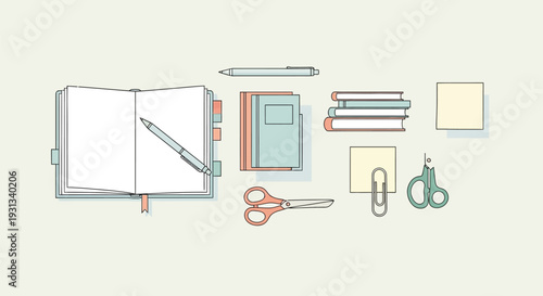Stationery and office supplies on a table with notebook and scissors viewed from above
