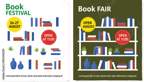 Book Festival and Book Fair Poster Vector Design with Bookshelf Background, Date Badge and Open Time Event Announcement