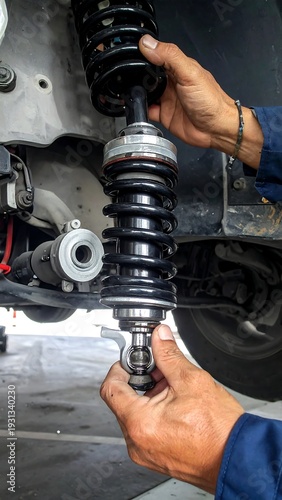 A person repairing a car's suspension system