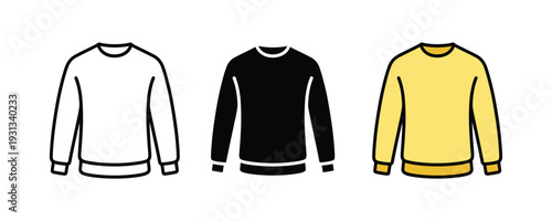 Casual sweatshirt and long sleeve shirt icon set. Comfortable fleece pullover symbol for winter fashion, apparel branding, and sportswear design. Vector Illustration.
