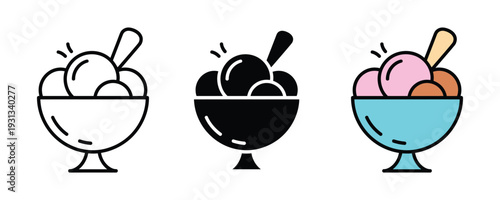 Ice cream bowl dessert icon set. Sweet scoops with wafer stick symbol for summer treat, gelateria menu, and snack bar design. Vector Illustration.