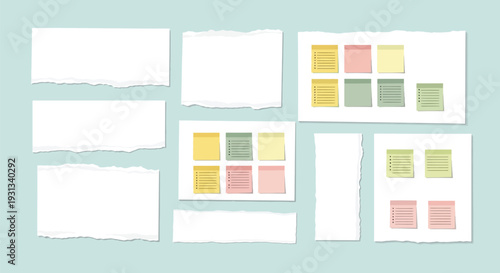 Collection of white cards with colorful squares on a light blue background viewed from above Whisk
