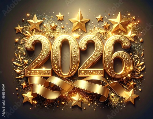 Golden 2026 with stars and ribbons