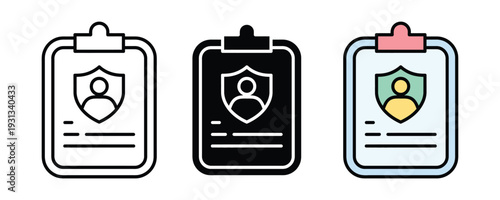 Personal data protection and insurance policy icon set. Clipboard with user avatar shield symbol for privacy security, identity verification, and legal document design. Vector Illustration.