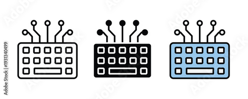 Smart keyboard and tech hardware icon set. Digital keyboard with circuit connections symbol for computer peripheral, programming, and technology design. Vector Illustration.