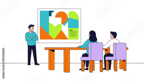 Business Presentation Vector Illustration. Corporate team meeting reviewing abstract data visualization on a screen. Flat design for teamwork and office concept.