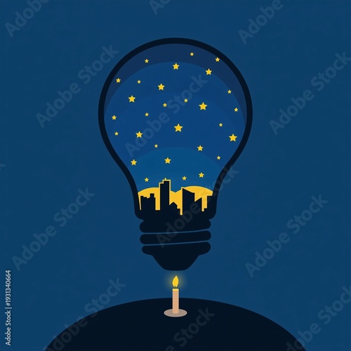 Bright idea illuminating the city skyline with stars inside a light bulb representing creativity and innovation