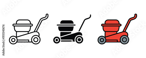 Lawn mower icon set. Push lawnmower symbol for garden maintenance, landscaping services, and backyard grass cutting design. Vector Illustration.