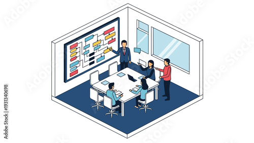 Isometric Business Meeting and Workflow Presentation. Corporate Team analyzing Flow Chart in Conference Room Vector Illustration.
