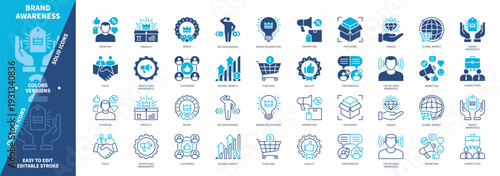 Brand Awareness icon set. Customers, Marketing, Promotion, Purchase, Trust, Competition, Preferences, Packaging. Duotone color solid and editable outline icons