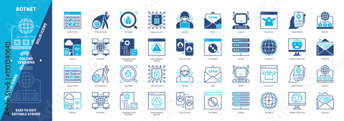 Botnet icon set. Stealing Data, Robot, Spam, Server, Malware, Cyber Security, Devices, Internet. Duotone color solid and editable outline icons