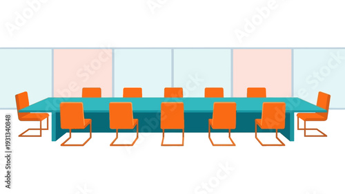 Empty Modern Conference or Boardroom Interior Vector Illustration. Corporate Office Meeting Table and Bright Orange Chairs Setup.