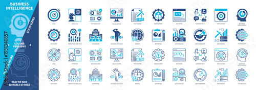 Business Intelligence icon set. Strategy, Management, Goal, Data Analysis, Efficiency, Data Mining, Reporting, Market. Duotone color solid and editable outline icons